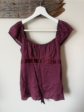 Hollister Maroon & White Polka Dot Babydoll Top